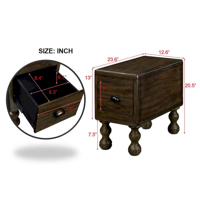 Solid Wood End Table, Rectangle 23.6 inch Narrow Side Table with Drawer, Vintage Bedside Table Nightstand for Small Spaces