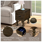 Solid Wood End Table, Rectangle 23.6 inch Narrow Side Table with Drawer, Vintage Bedside Table Nightstand for Small Spaces