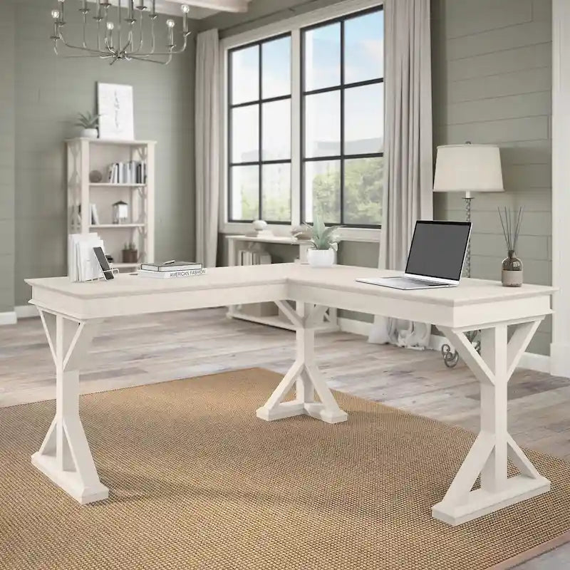 60W L-Shaped Farmhouse Desk with Wire Management Grommet, Corner Home Office Desk, 200 lb Capacity