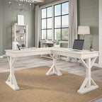 60W L-Shaped Farmhouse Desk with Wire Management Grommet, Corner Home Office Desk, 200 lb Capacity