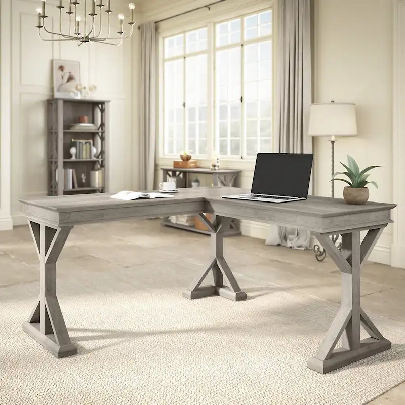 60W L-Shaped Farmhouse Desk with Wire Management Grommet, Corner Home Office Desk, 200 lb Capacity