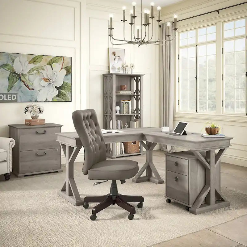 60W L-Shaped Farmhouse Desk with Wire Management Grommet, Corner Home Office Desk, 200 lb Capacity