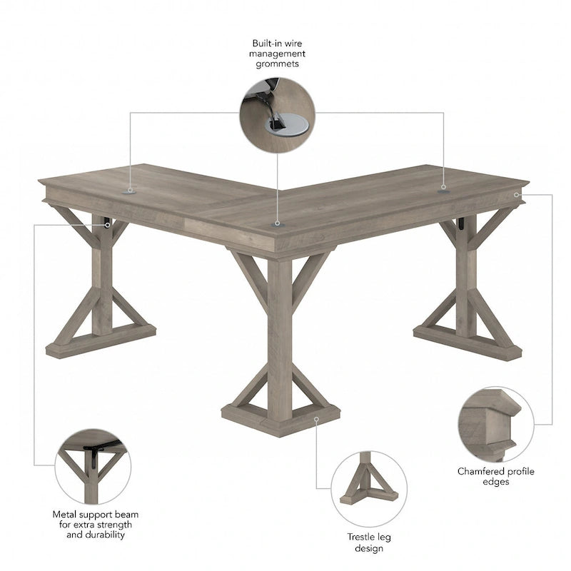 60W L-Shaped Farmhouse Desk with Wire Management Grommet, Corner Home Office Desk, 200 lb Capacity
