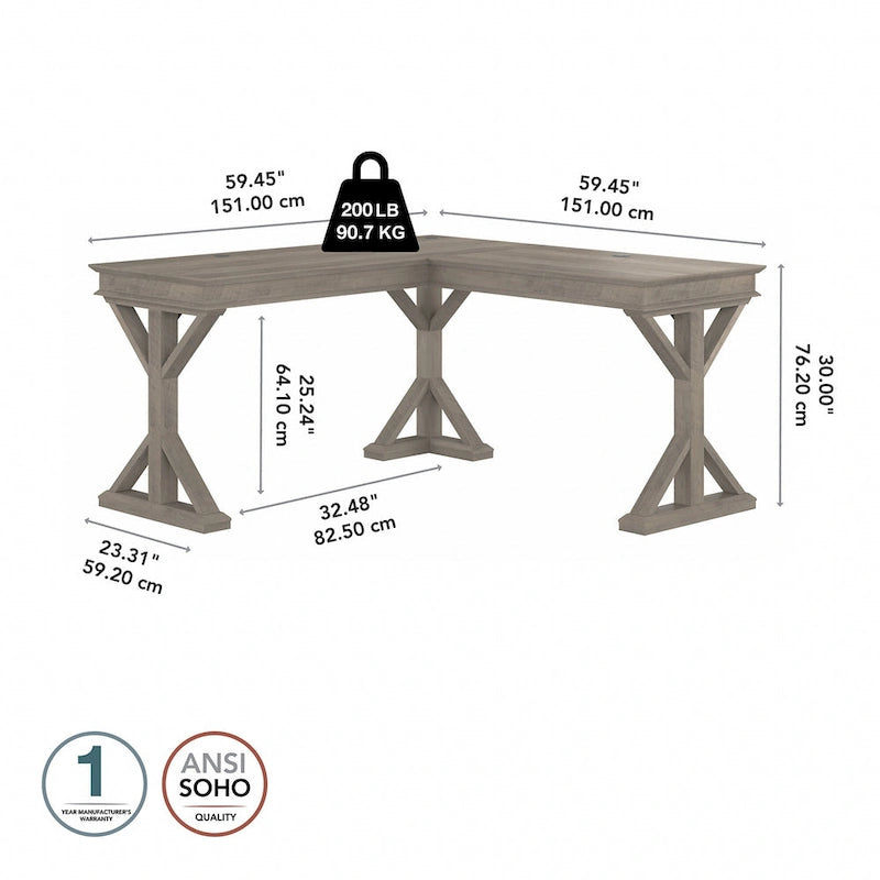 60W L-Shaped Farmhouse Desk with Wire Management Grommet, Corner Home Office Desk, 200 lb Capacity