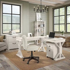 60W L-Shaped Farmhouse Desk with Wire Management Grommet, Corner Home Office Desk, 200 lb Capacity