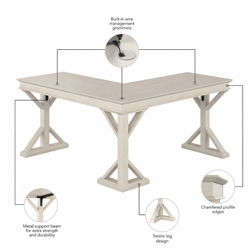 60W L-Shaped Farmhouse Desk with Wire Management Grommet, Corner Home Office Desk, 200 lb Capacity