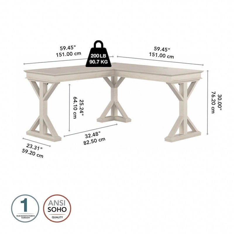 60W L-Shaped Farmhouse Desk with Wire Management Grommet, Corner Home Office Desk, 200 lb Capacity