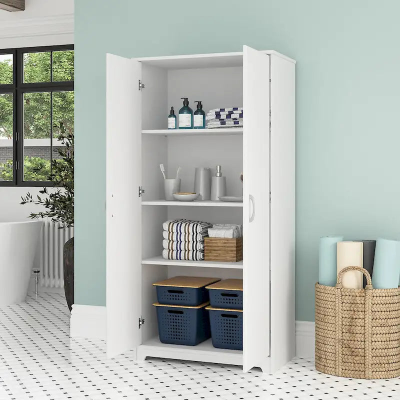 Tall Bathroom Storage Cabinet with Doors, 4-Shelf Adjustable, Transitional Style, 30W x 16D x 61H