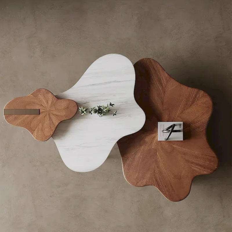 Cloud-Shaped Nesting Coffee Table Set of 3, Walnut Wood Grain Top, Bronze Steel Legs, 62.99"L
