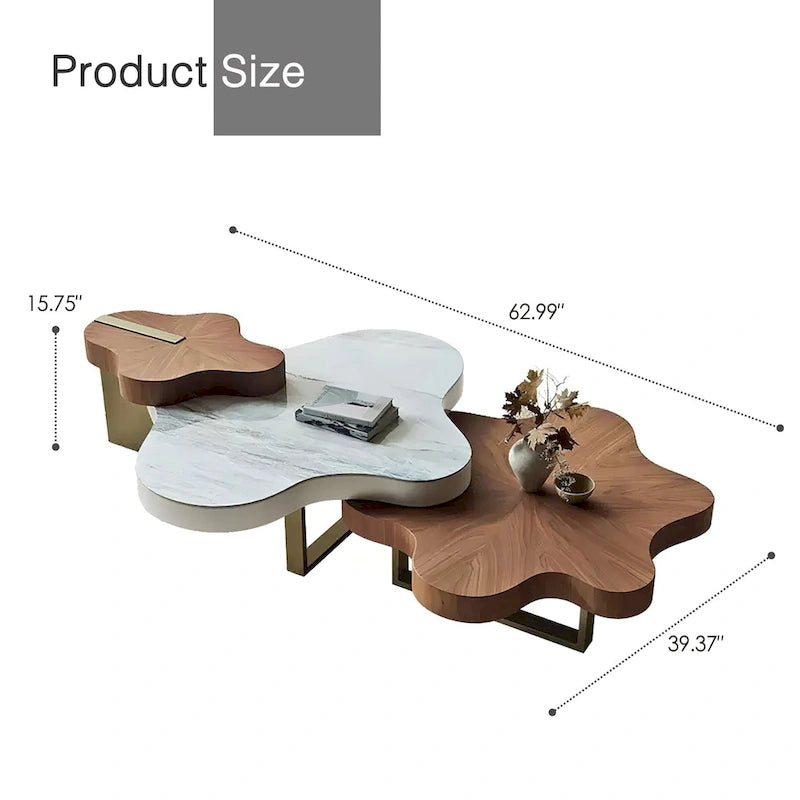 Cloud-Shaped Nesting Coffee Table Set of 3, Walnut Wood Grain Top, Bronze Steel Legs, 62.99"L