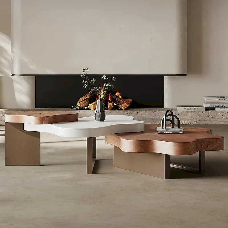 Cloud-Shaped Nesting Coffee Table Set of 3, Walnut Wood Grain Top, Bronze Steel Legs, 62.99"L