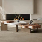 Cloud-Shaped Nesting Coffee Table Set of 3, Walnut Wood Grain Top, Bronze Steel Legs, 62.99"L