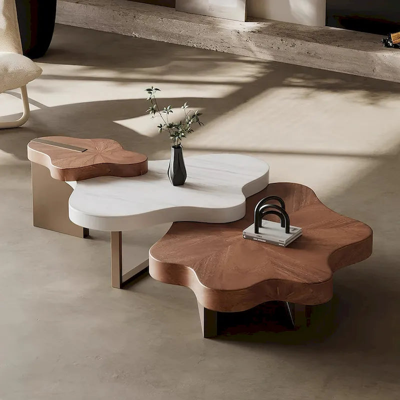 Cloud-Shaped Nesting Coffee Table Set of 3, Walnut Wood Grain Top, Bronze Steel Legs, 62.99"L
