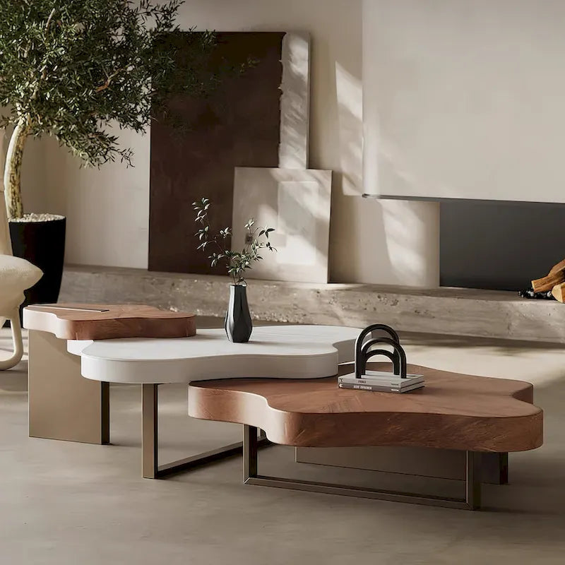 Cloud-Shaped Nesting Coffee Table Set of 3, Walnut Wood Grain Top, Bronze Steel Legs, 62.99"L