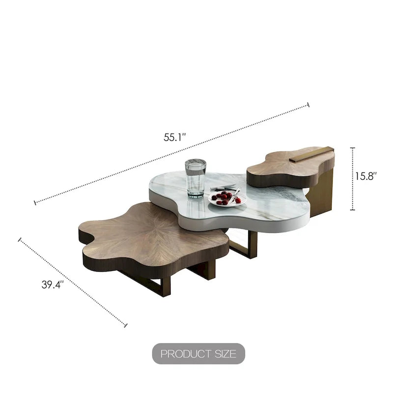 Cloud-Shaped Nesting Coffee Table Set of 3, Walnut Wood Grain Top, Bronze Steel Legs, 62.99"L