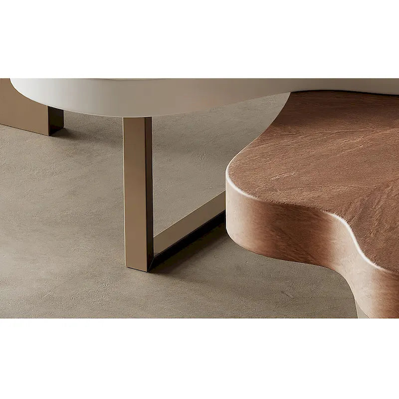 Cloud-Shaped Nesting Coffee Table Set of 3, Walnut Wood Grain Top, Bronze Steel Legs, 62.99"L
