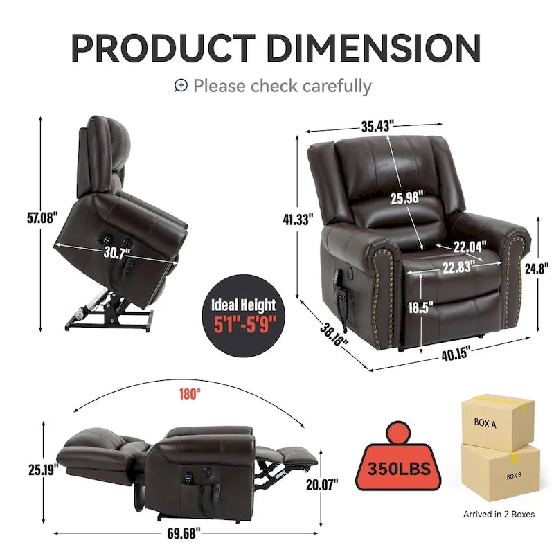 Power Lift Recliner Chair, Dual Motor, 8-Node Massage, Lumbar Heat, USB Port, 350 lb Capacity