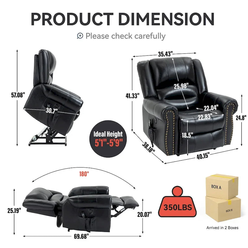 Power Lift Recliner Chair, Dual Motor, 8-Node Massage, Lumbar Heat, USB Port, 350 lb Capacity