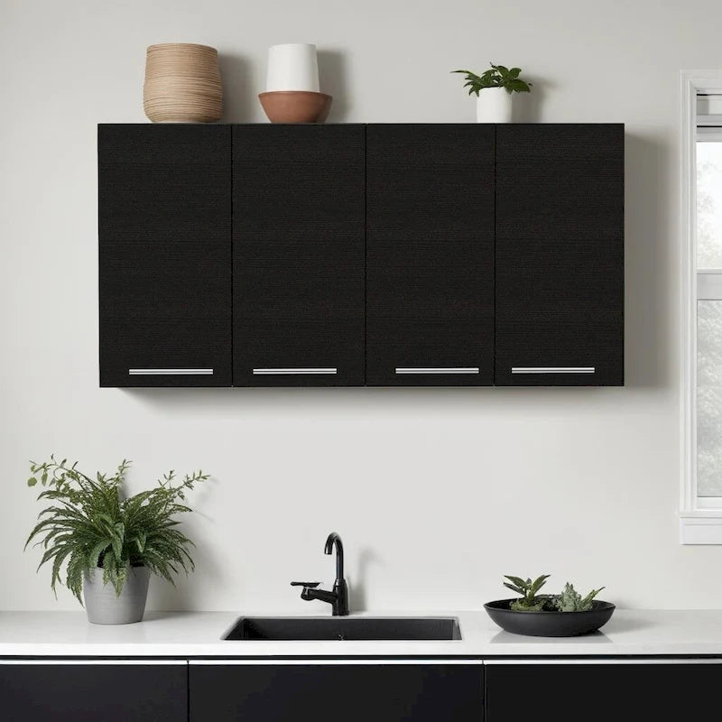 47" Wall Mounted Cabinet with 4 Doors & Interior Shelves, Particle Board, Modern Style, Black