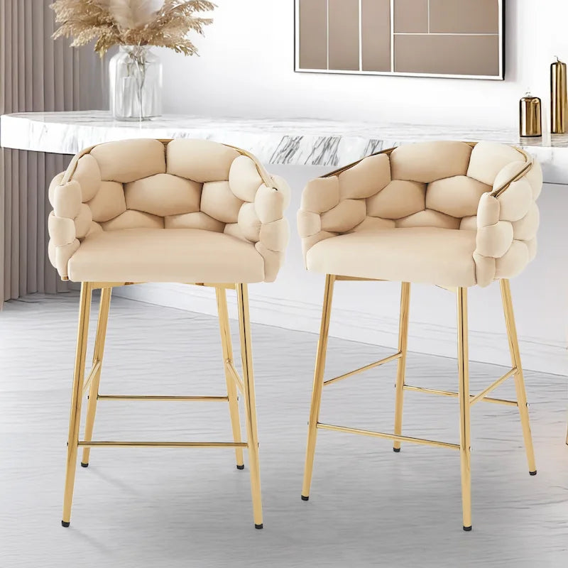 Modern 28-Inch Set of 2 Bar Stools with Velvet Padded Backrest Seat, Metal Legs for Dining Room Living Room and Bedroom