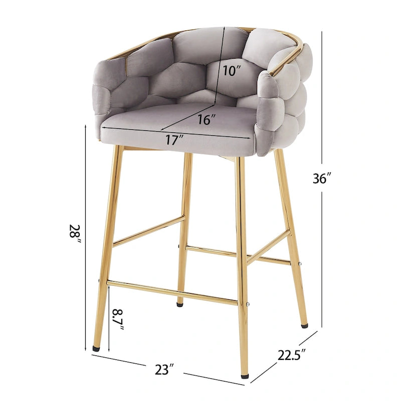 Modern 28-Inch Set of 2 Bar Stools with Velvet Padded Backrest Seat, Metal Legs for Dining Room Living Room and Bedroom