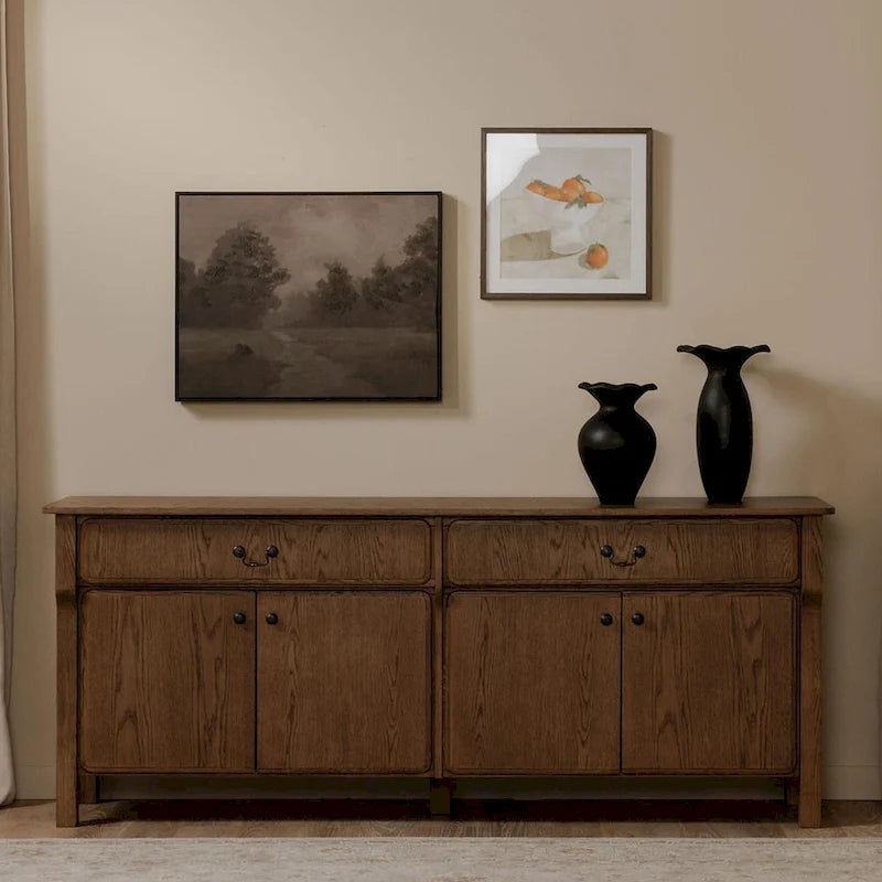Solid Oak Sideboard with Drawers, Warm Brown, Mid-Century Style, 78.5"W x 19.76"D x 32"H