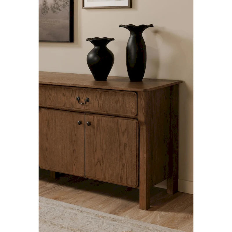 Solid Oak Sideboard with Drawers, Warm Brown, Mid-Century Style, 78.5"W x 19.76"D x 32"H