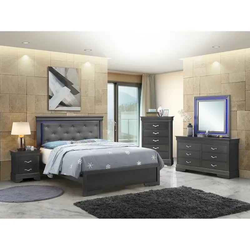 Queen Panel Bed with LED Accent Lighting, Tufted Upholstered Headboard, Croc Texture – Black