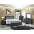 Queen Panel Bed with LED Accent Lighting, Tufted Upholstered Headboard, Croc Texture – Black