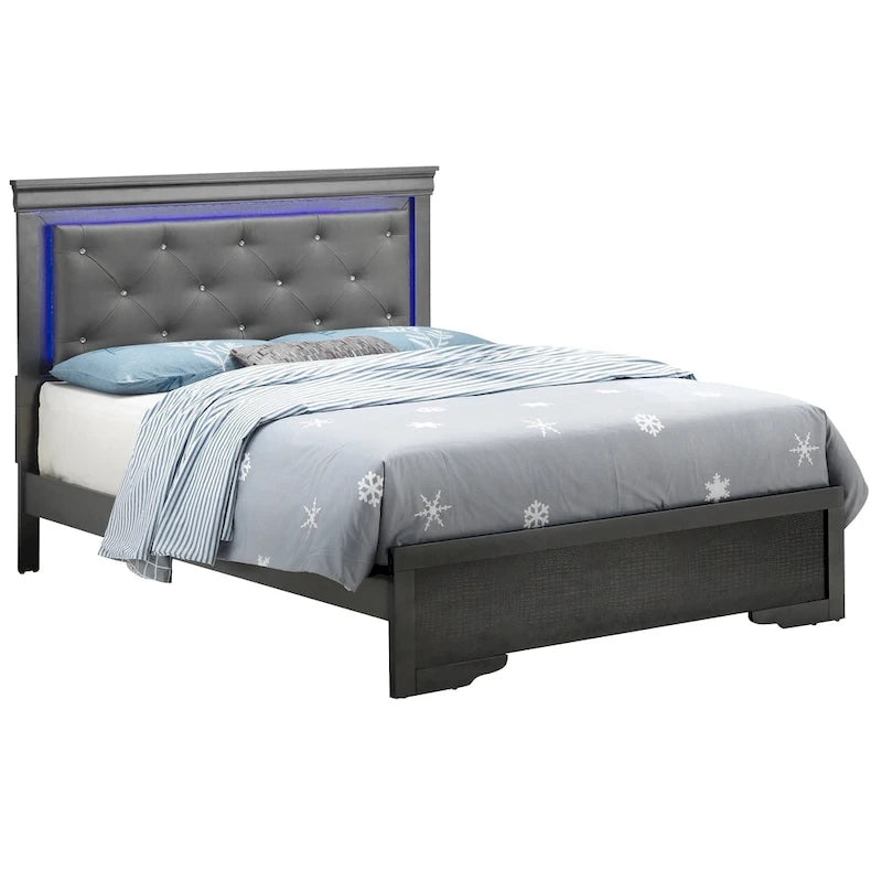 Queen Panel Bed with LED Accent Lighting, Tufted Upholstered Headboard, Croc Texture – Black