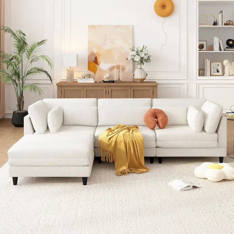 Contemporary Modular Sectional Sofa with Movable Ottoman and 5 Pillows