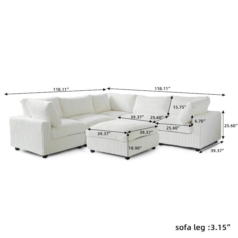 Modular Sectional Couch, Convertible V Shaped Sofa for Living Room, 5 Seat Comfy Modular Sofa With Chaise Ottoman