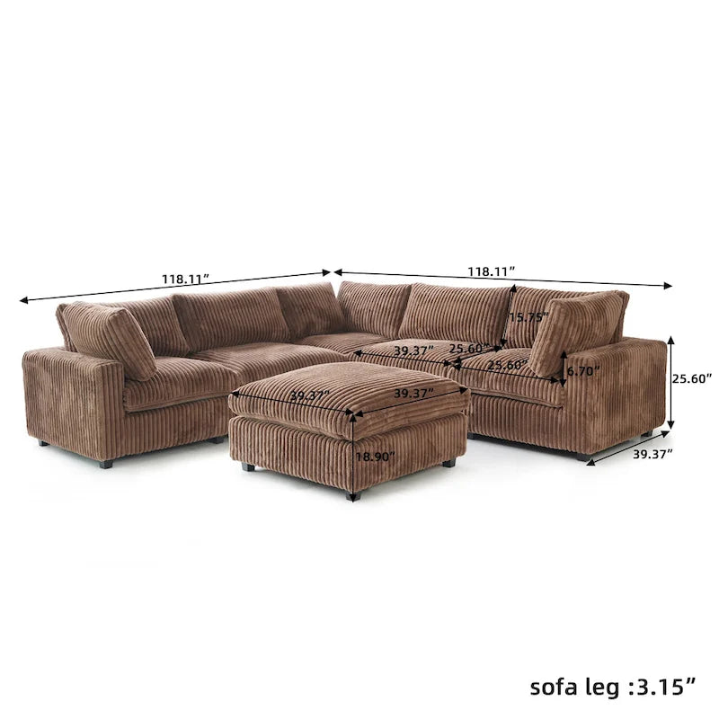 Modular Sectional Couch, Convertible V Shaped Sofa for Living Room, 5 Seat Comfy Modular Sofa With Chaise Ottoman