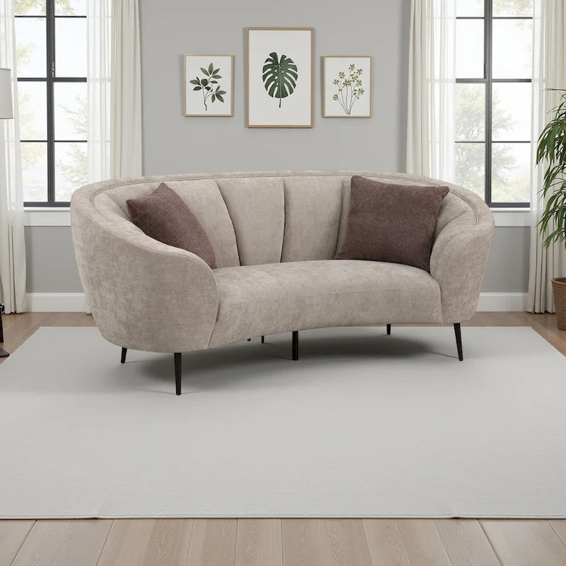  Curved Loveseat, 84 Inch Beige, Round Design, 2 Accent Pillows