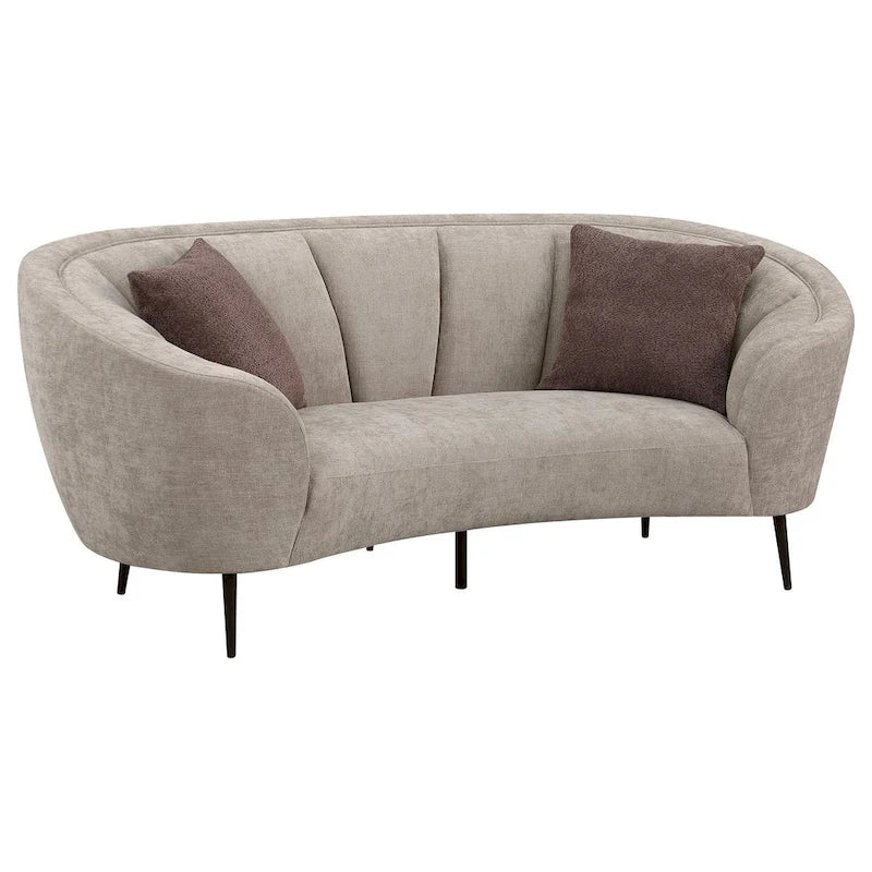 Curved Loveseat, 84 Inch Beige, Round Design, 2 Accent Pillows