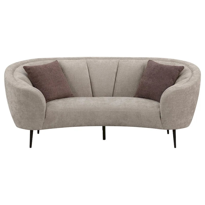 Curved Loveseat, 84 Inch Beige, Round Design, 2 Accent Pillows