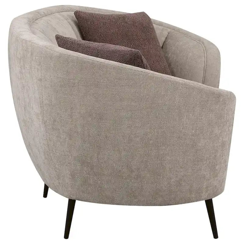 Curved Loveseat, 84 Inch Beige, Round Design, 2 Accent Pillows