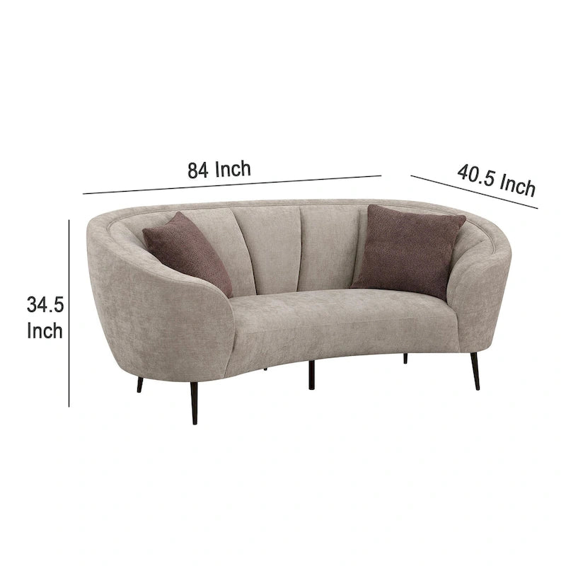 Curved Loveseat, 84 Inch Beige, Round Design, 2 Accent Pillows