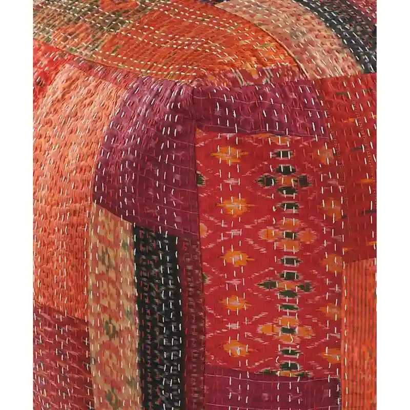 24 Square Red Pouf Ottoman with Cotton Blend Upholstery and Modern Patchwork Design Great for Footrest