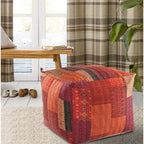 24 Square Red Pouf Ottoman with Cotton Blend Upholstery and Modern Patchwork Design Great for Footrest