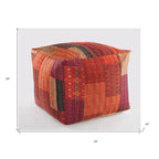 24 Square Red Pouf Ottoman with Cotton Blend Upholstery and Modern Patchwork Design Great for Footrest
