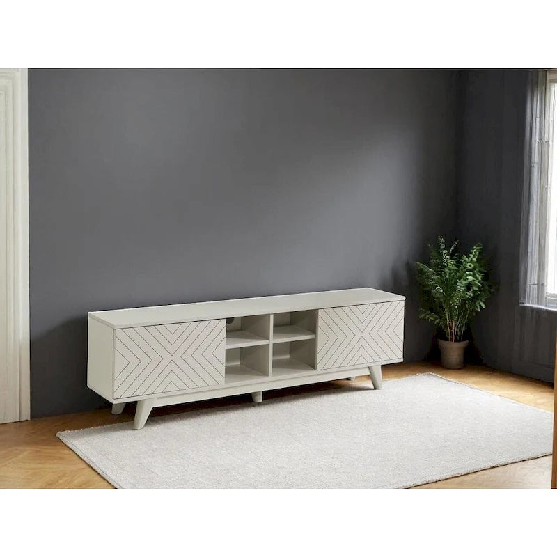 Modern TV Stand with 2-Door Cabinet & 4 Open Shelves, Holds TVs up to 80", Grey