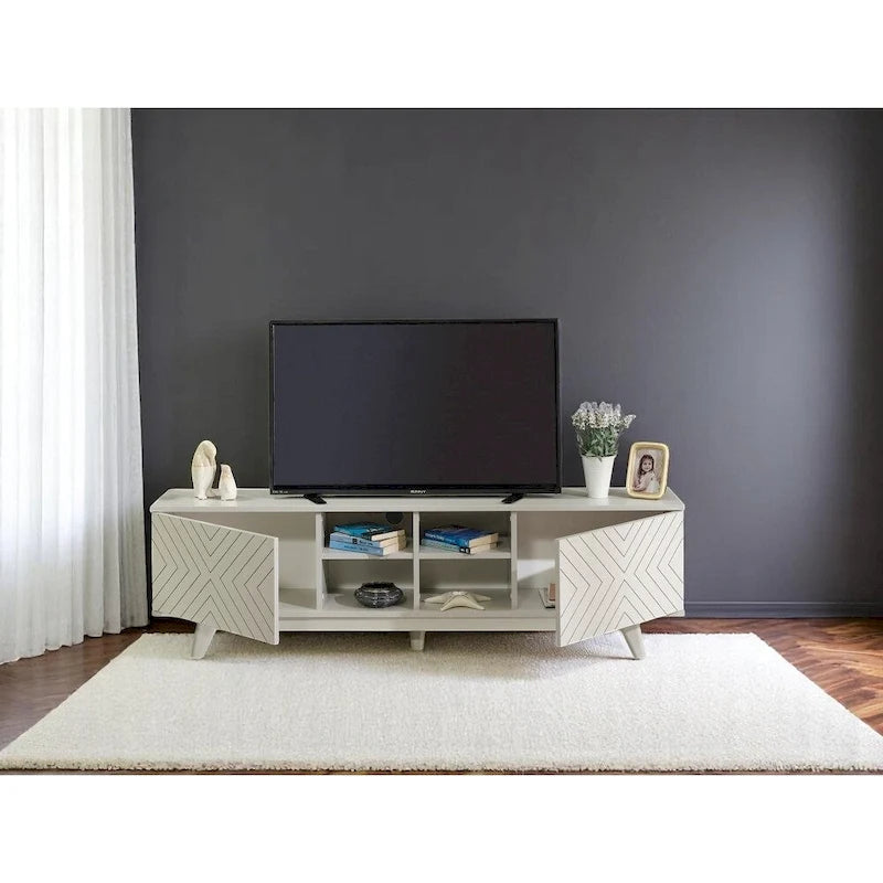 Modern TV Stand with 2-Door Cabinet & 4 Open Shelves, Holds TVs up to 80", Grey