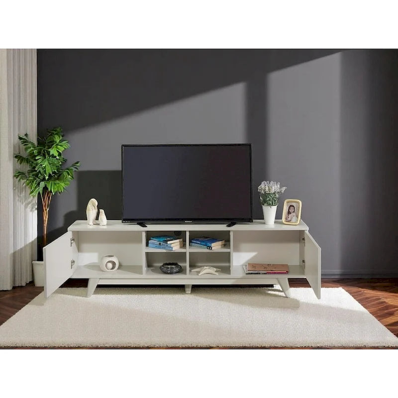 Modern TV Stand with 2-Door Cabinet & 4 Open Shelves, Holds TVs up to 80", Grey