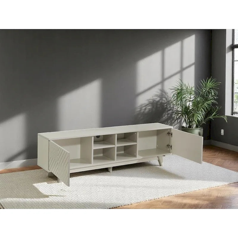 Modern TV Stand with 2-Door Cabinet & 4 Open Shelves, Holds TVs up to 80", Grey
