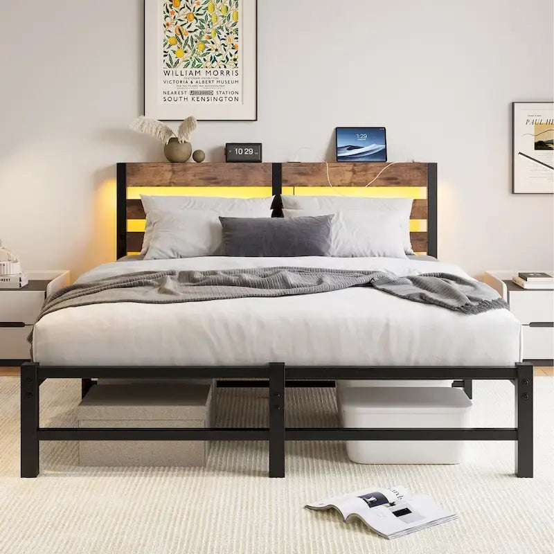 Beige+Brown Queen Size Modern Metal Bed with Wooden Headboard,RGB Lights and Storage Shelf for Bedroom
