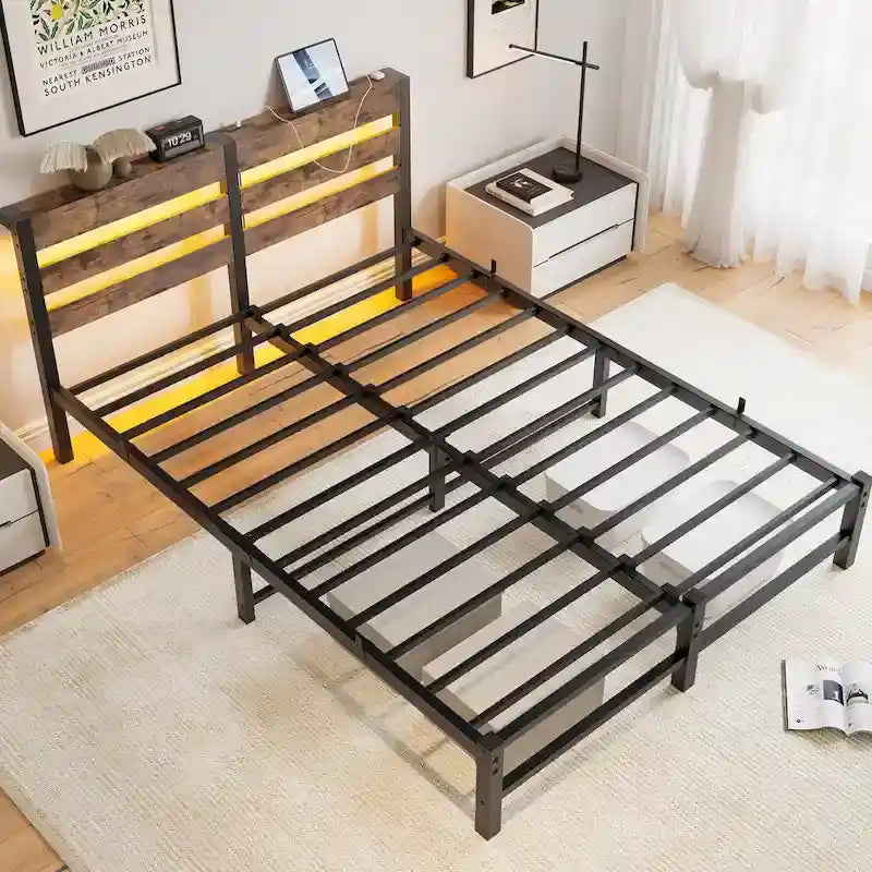 Queen Platform Bed with RGB LED Headboard, USB Charging, MDF & Metal Frame, 10.6" Underbed Storage