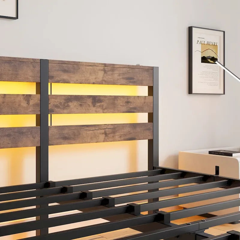 Queen Platform Bed with RGB LED Headboard, USB Charging, MDF & Metal Frame, 10.6" Underbed Storage