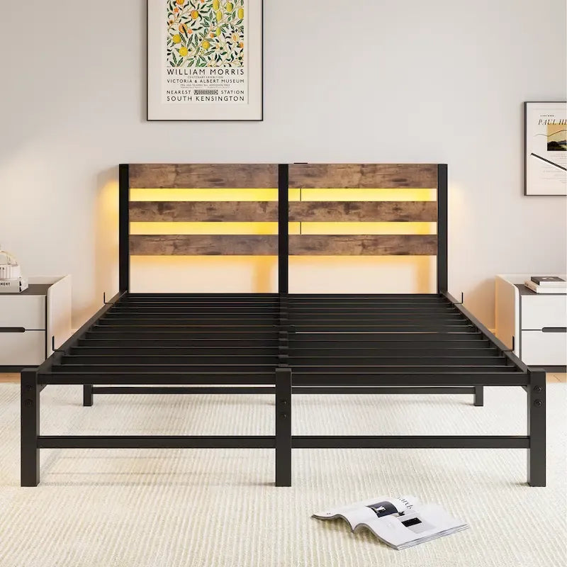 Queen Platform Bed with RGB LED Headboard, USB Charging, MDF & Metal Frame, 10.6" Underbed Storage