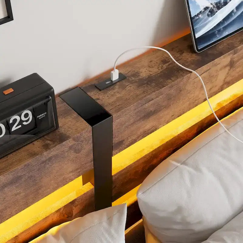 Queen Platform Bed with RGB LED Headboard, USB Charging, MDF & Metal Frame, 10.6" Underbed Storage
